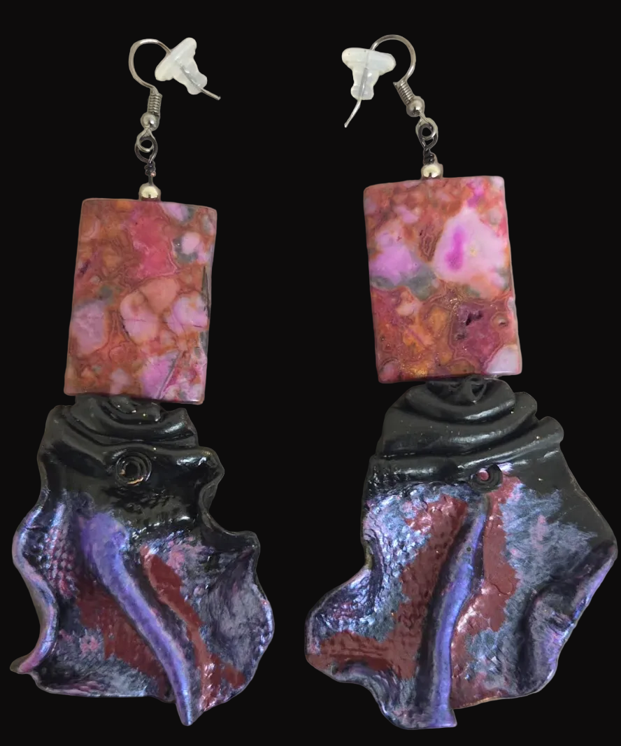 Pink Crazy Lace Agate & Faux Snakeskin Sculpted Pierced Earrings