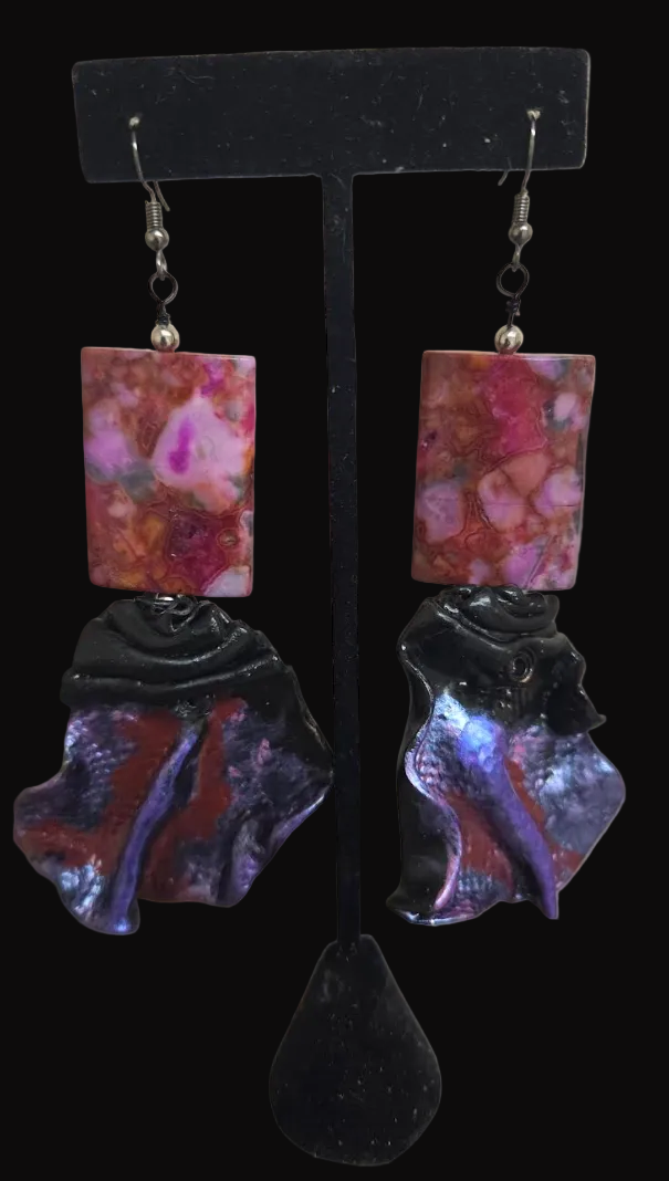 Pink Crazy Lace Agate & Faux Snakeskin Sculpted Pierced Earrings