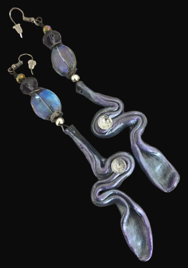 Hand Sculpted Pewter Squiggle Shoulder Duster Pierced Earrings - Sexy