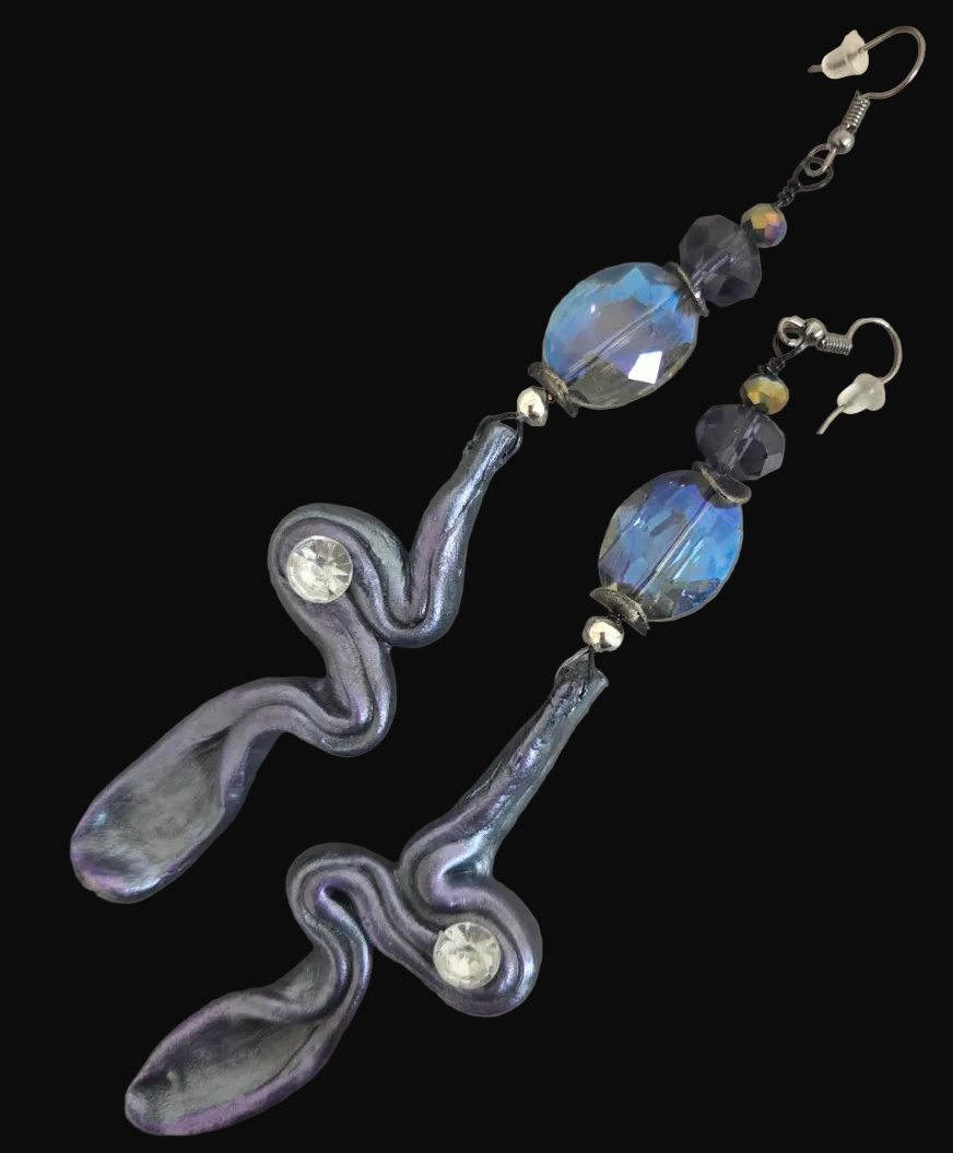 Hand Sculpted Pewter Squiggle Shoulder Duster Pierced Earrings - Sexy