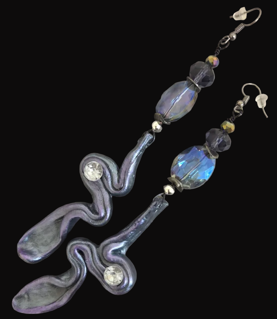 Hand Sculpted Pewter Squiggle Shoulder Duster Pierced Earrings - Sexy