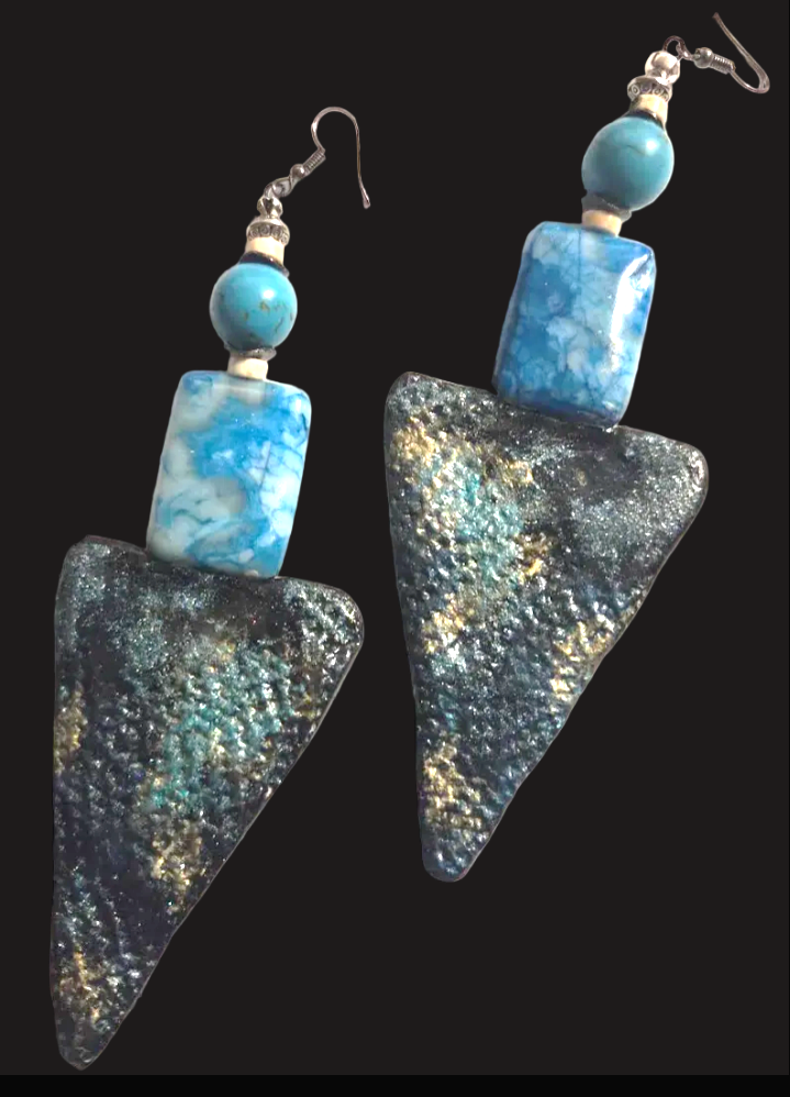 Blue Gemstone Shoulder Duster Earrings ~ Oversized Sculpted Triangles