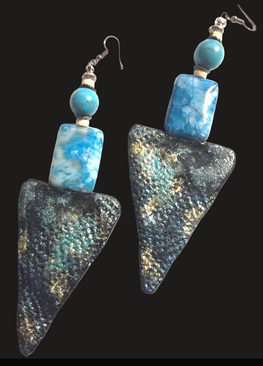 Blue Gemstone Shoulder Duster Earrings ~ Oversized Sculpted Triangles