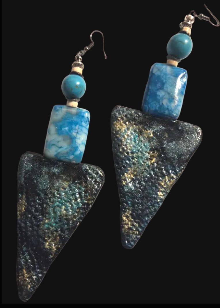 Blue Gemstone Shoulder Duster Earrings ~ Oversized Sculpted Triangles