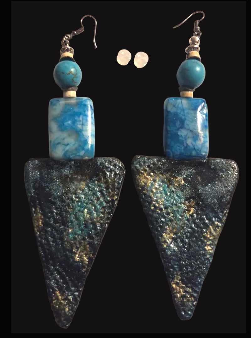 Blue Gemstone Shoulder Duster Earrings ~ Oversized Sculpted Triangles