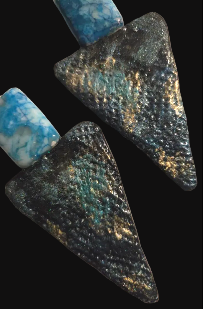 Blue Gemstone Shoulder Duster Earrings ~ Oversized Sculpted Triangles