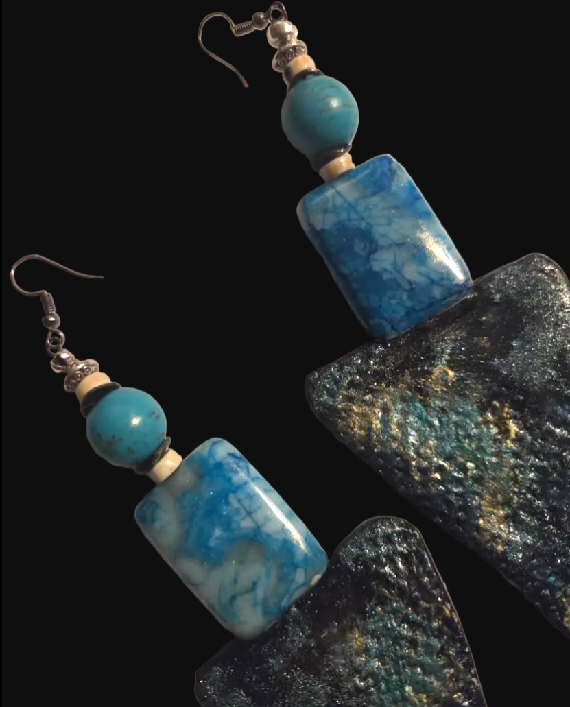 Blue Gemstone Shoulder Duster Earrings ~ Oversized Sculpted Triangles