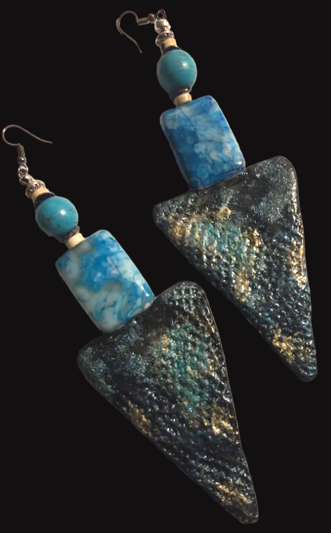 Blue Gemstone Shoulder Duster Earrings ~ Oversized Sculpted Triangles