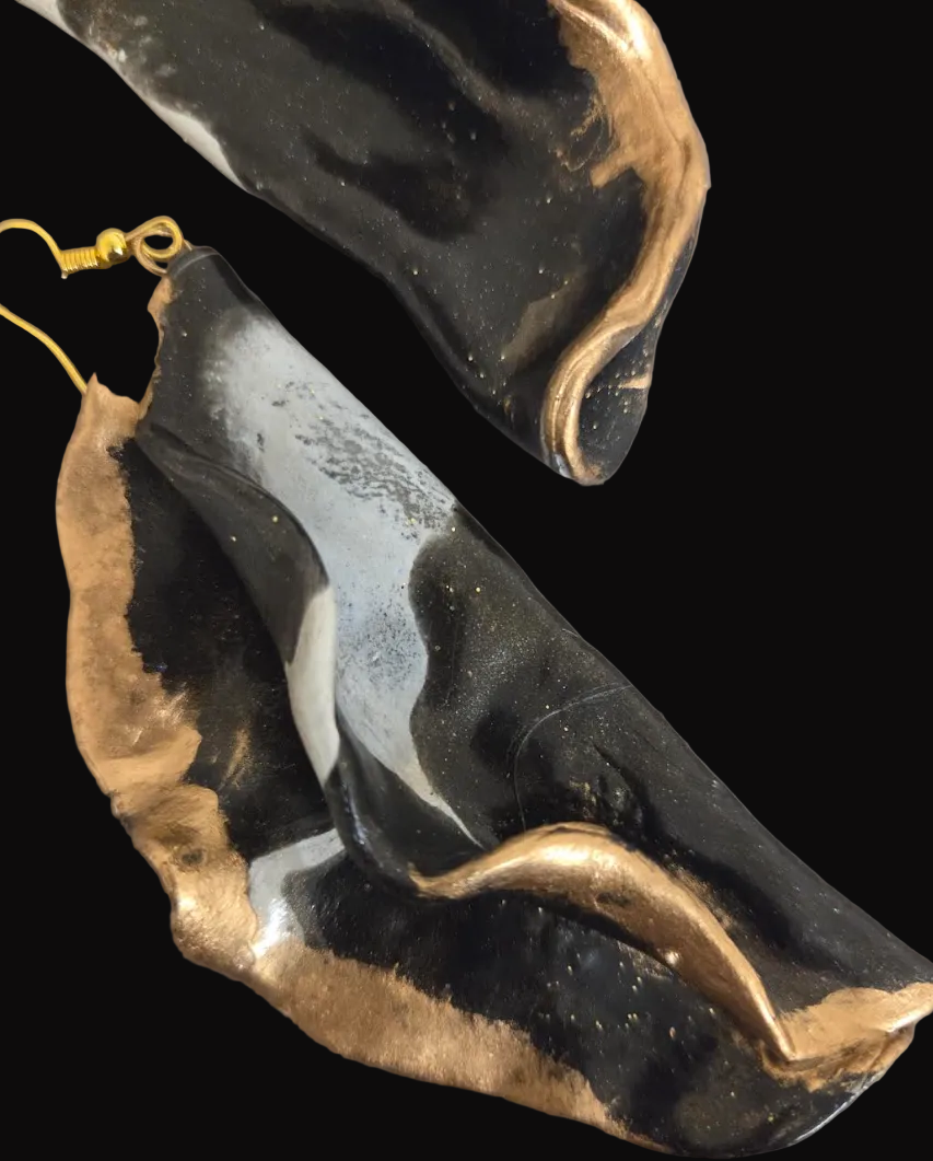 Avant Garde Sculpted Black White & Bronze Pierced Earrings - Dramatic