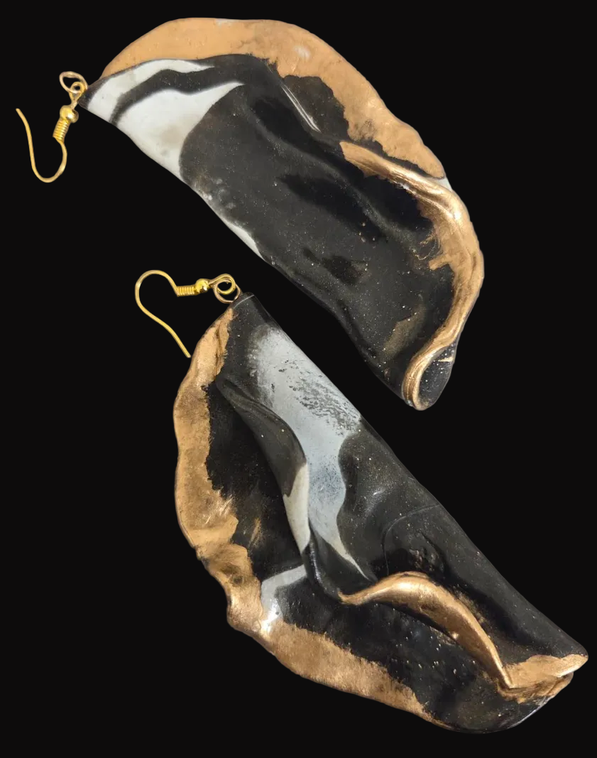Avant Garde Sculpted Black White & Bronze Pierced Earrings - Dramatic