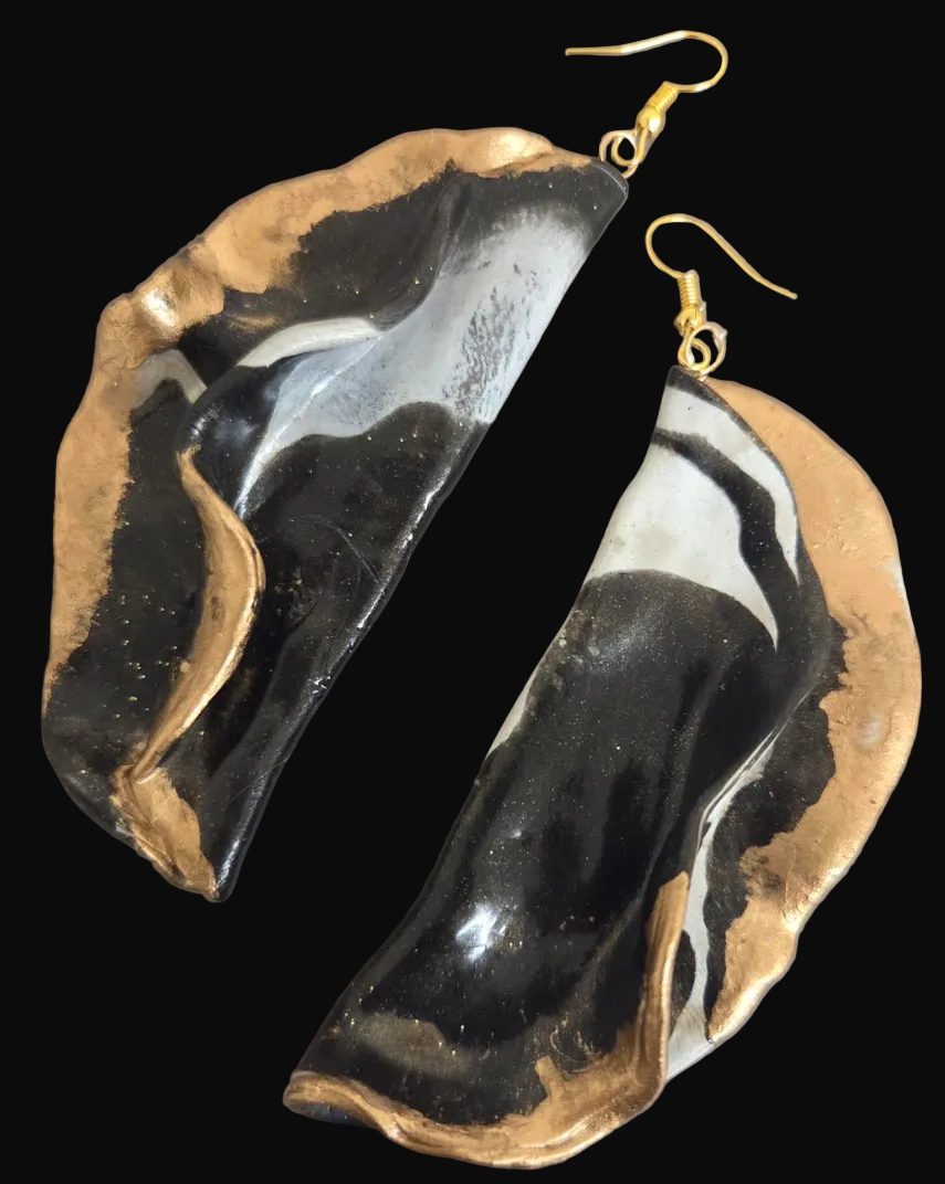 Avant Garde Sculpted Black White & Bronze Pierced Earrings - Dramatic