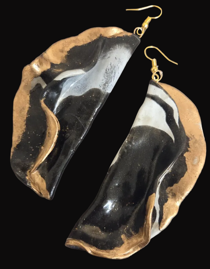 Avant Garde Sculpted Black White & Bronze Pierced Earrings - Dramatic