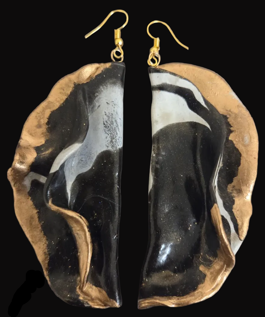Avant Garde Sculpted Black White & Bronze Pierced Earrings - Dramatic
