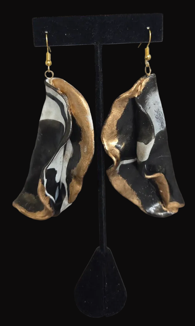 Avant Garde Sculpted Black White & Bronze Pierced Earrings - Dramatic