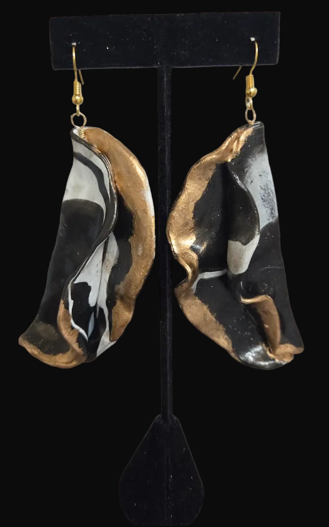 Avant Garde Sculpted Black White & Bronze Pierced Earrings - Dramatic