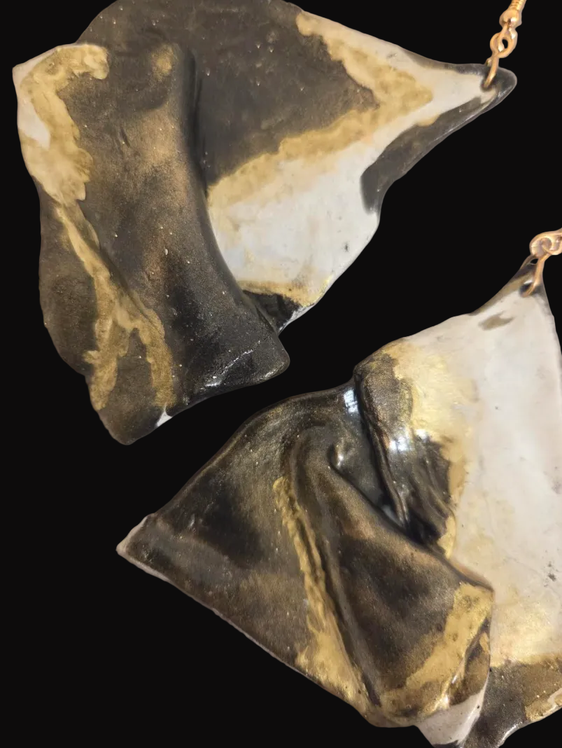 Abstract Cowhide Print Hand Sculpted Statement Pierced Earrings - OOAK