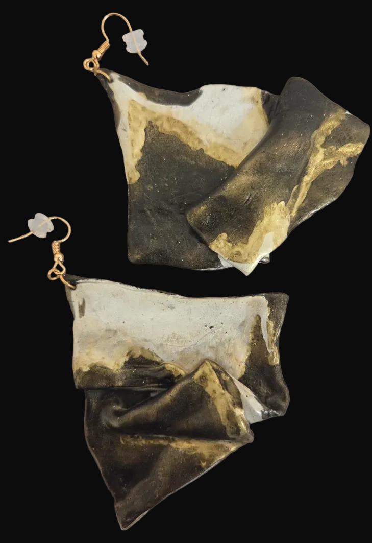 Abstract Cowhide Print Hand Sculpted Statement Pierced Earrings - OOAK