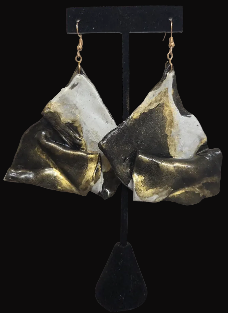 Abstract Cowhide Print Hand Sculpted Statement Pierced Earrings - OOAK