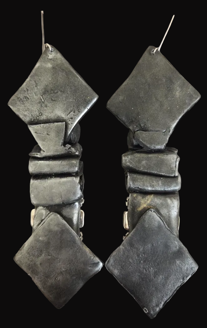 Faux Silver Pewter Metal Toned Dramatic Earrings - Haute Couture