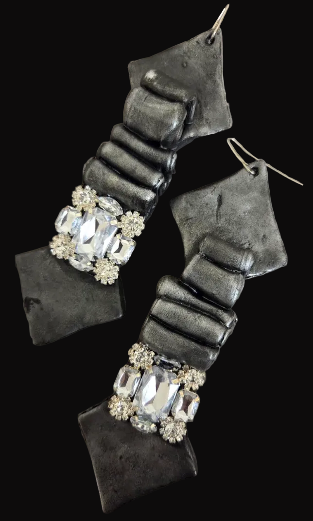 Faux Silver Pewter Metal Toned Dramatic Earrings - Haute Couture