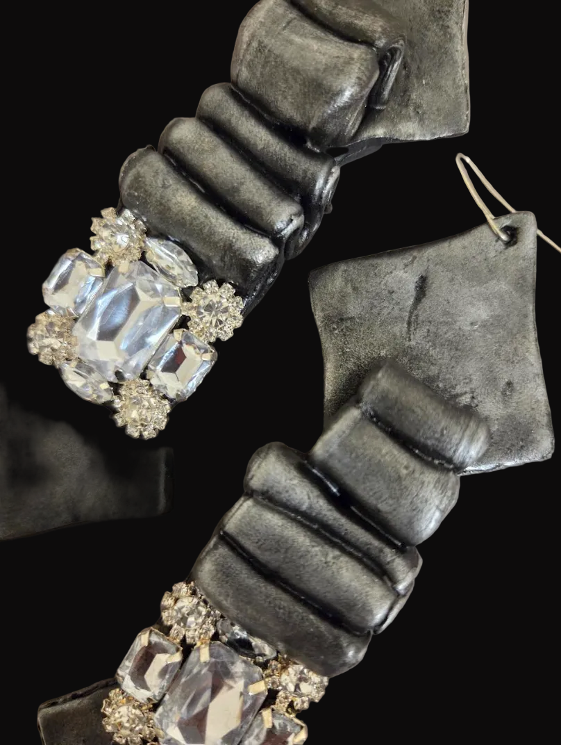 Faux Silver Pewter Metal Toned Dramatic Earrings - Haute Couture