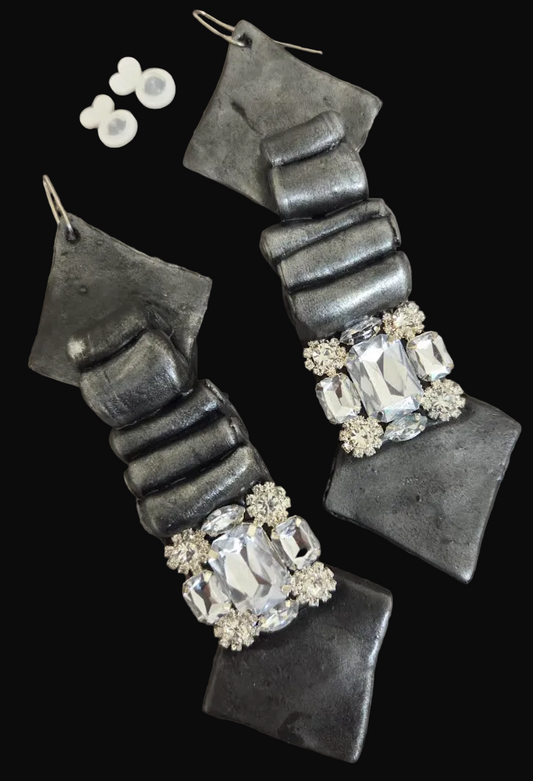Faux Silver Pewter Metal Toned Dramatic Earrings - Haute Couture