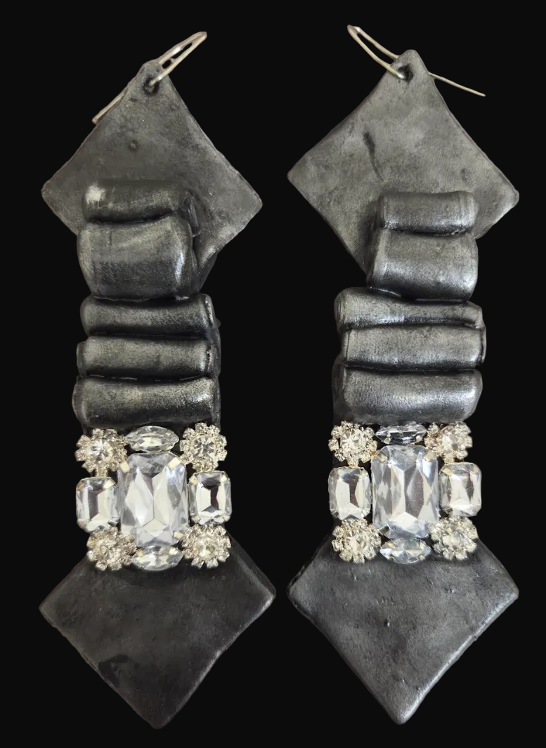Faux Silver Pewter Metal Toned Dramatic Earrings - Haute Couture