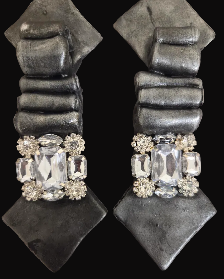 Faux Silver Pewter Metal Toned Dramatic Earrings - Haute Couture