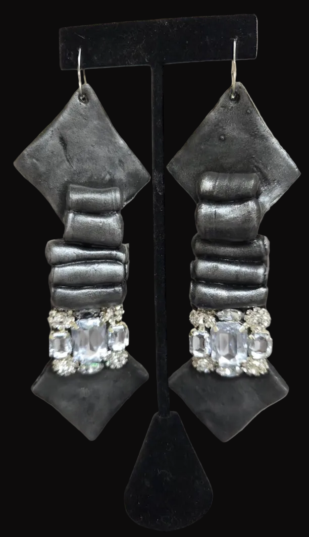 Faux Silver Pewter Metal Toned Dramatic Earrings - Haute Couture