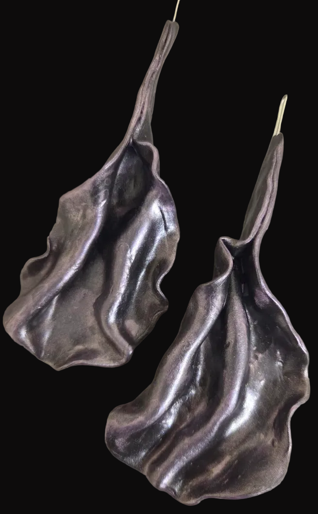Metallic Plum Art Nouveau Sculpted Sensuous Pierced Earrings - Edgy