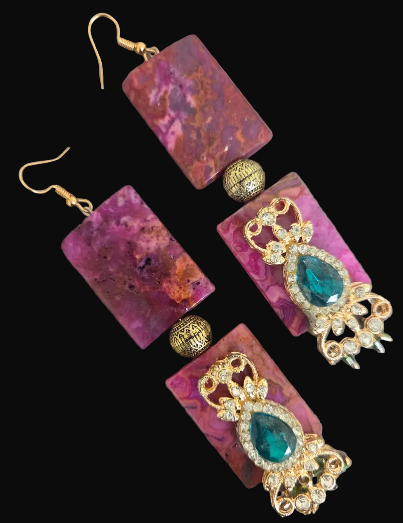 Hot Pink Crazy Lace Agate & Emerald Green Rhinestone Shoulder Dusters