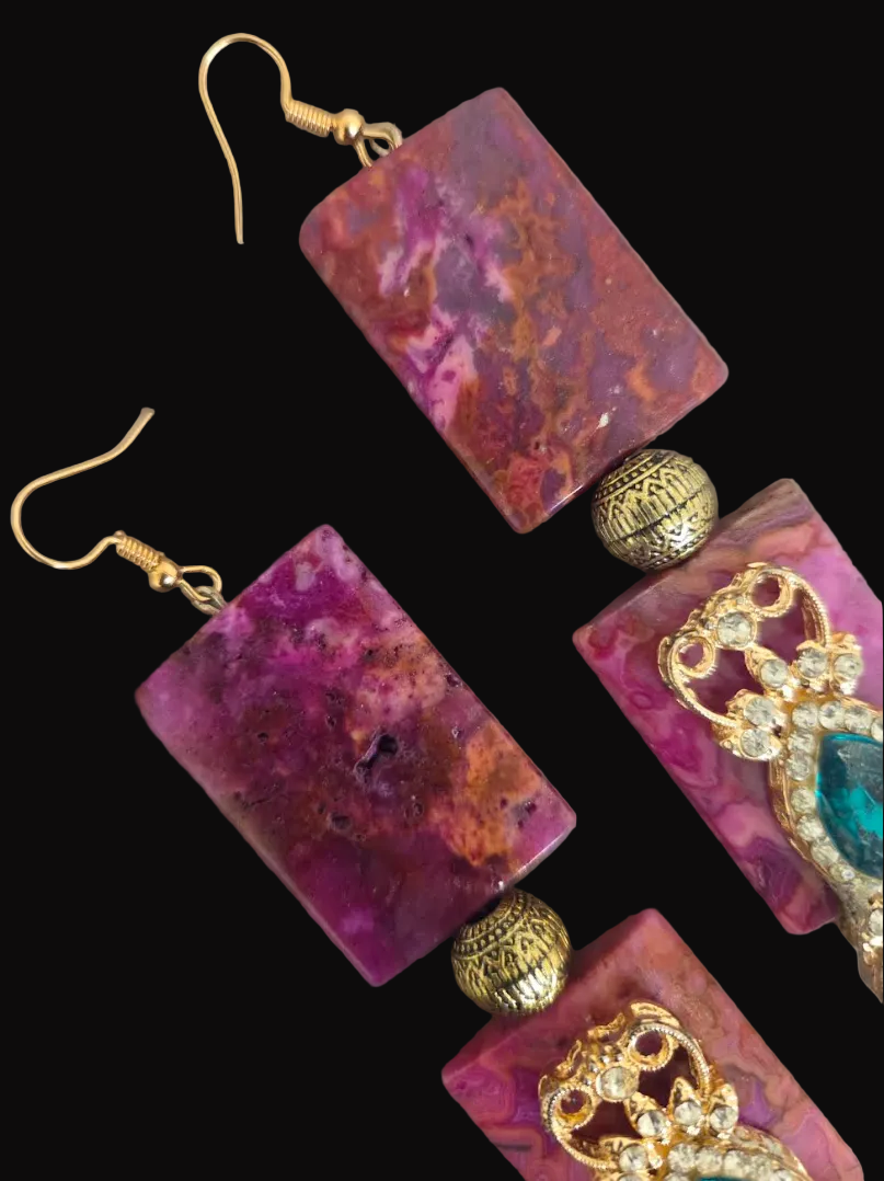 Hot Pink Crazy Lace Agate & Emerald Green Rhinestone Shoulder Dusters