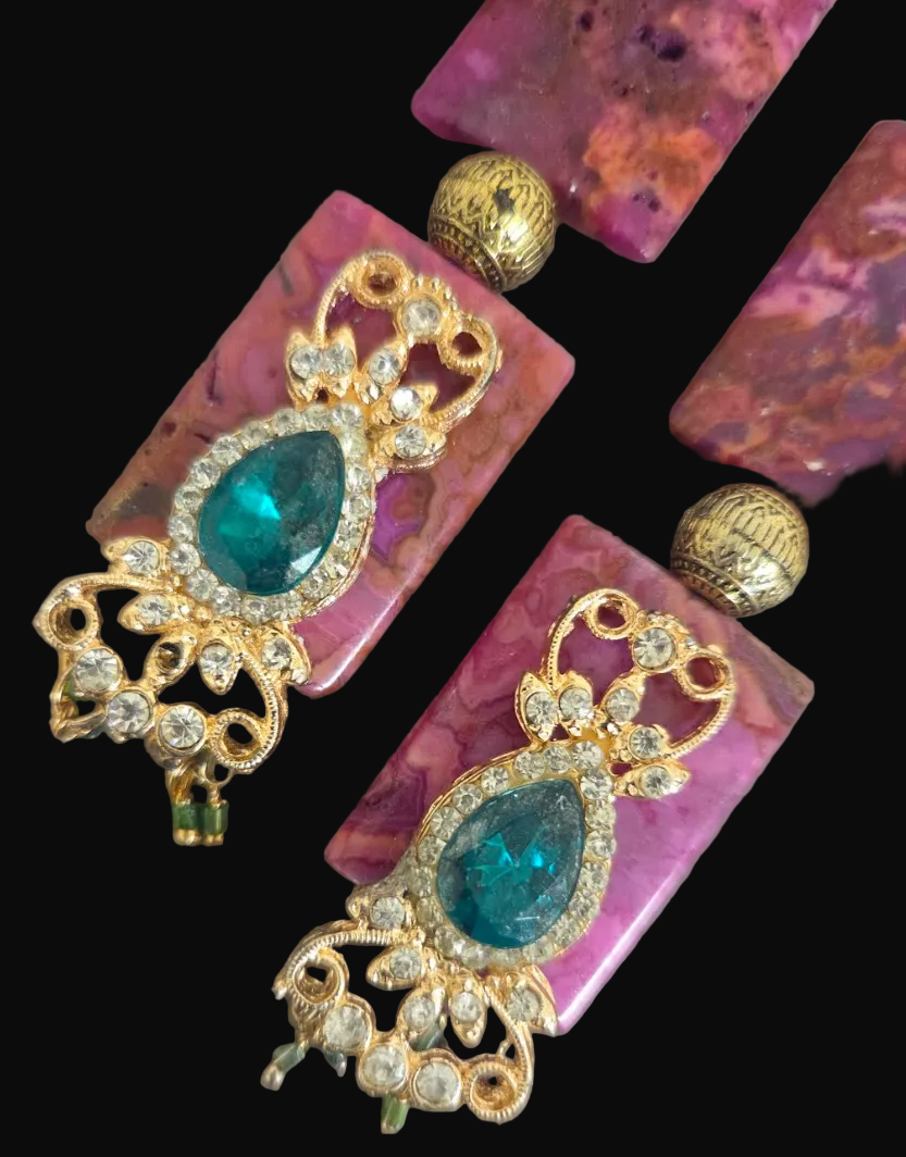 Hot Pink Crazy Lace Agate & Emerald Green Rhinestone Shoulder Dusters