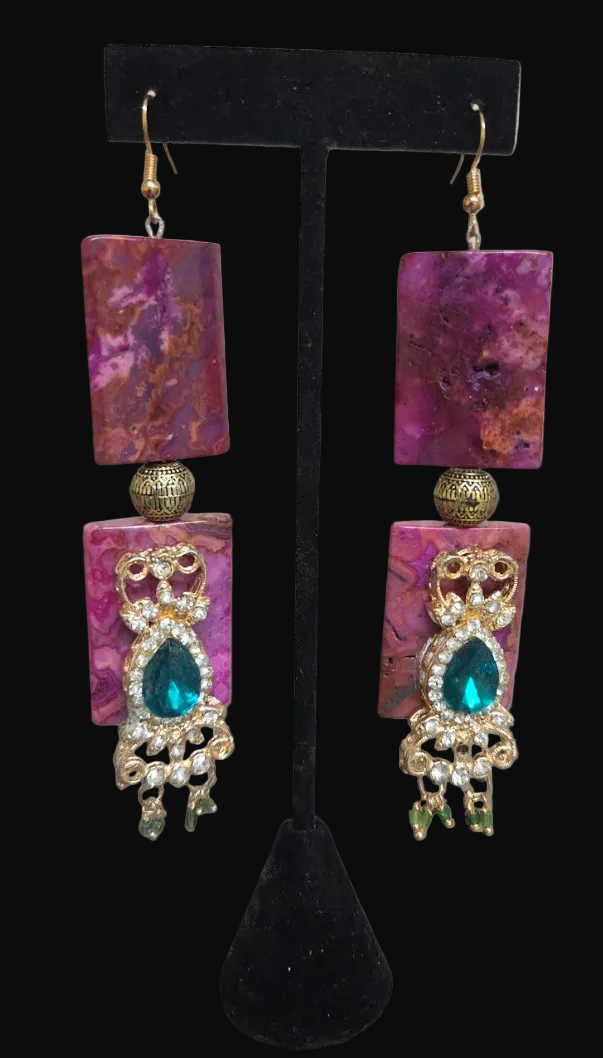 Hot Pink Crazy Lace Agate & Emerald Green Rhinestone Shoulder Dusters
