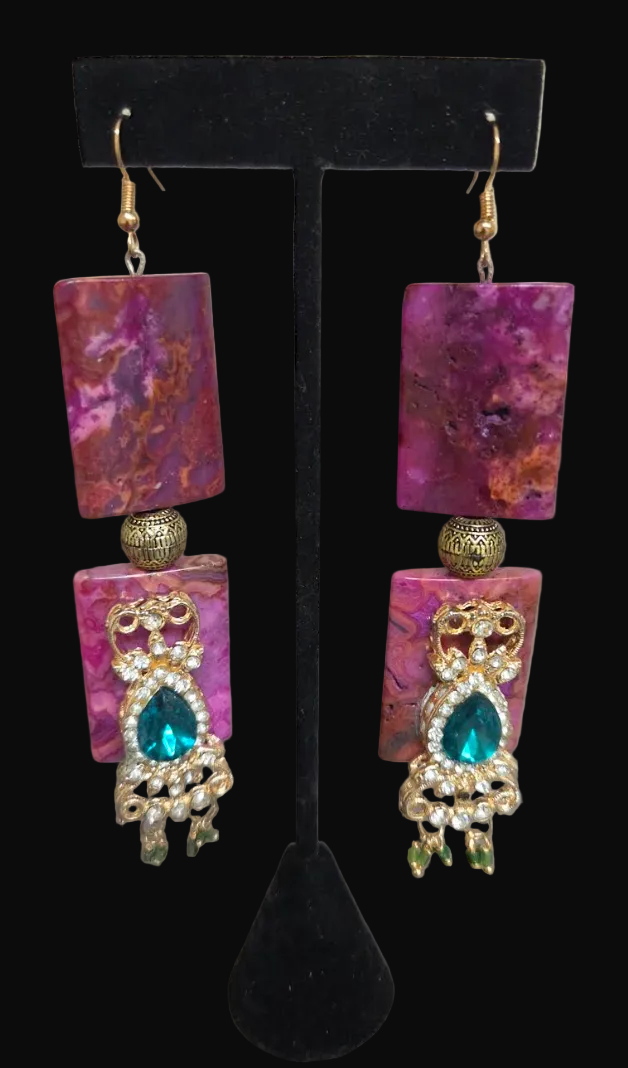Hot Pink Crazy Lace Agate & Emerald Green Rhinestone Shoulder Dusters