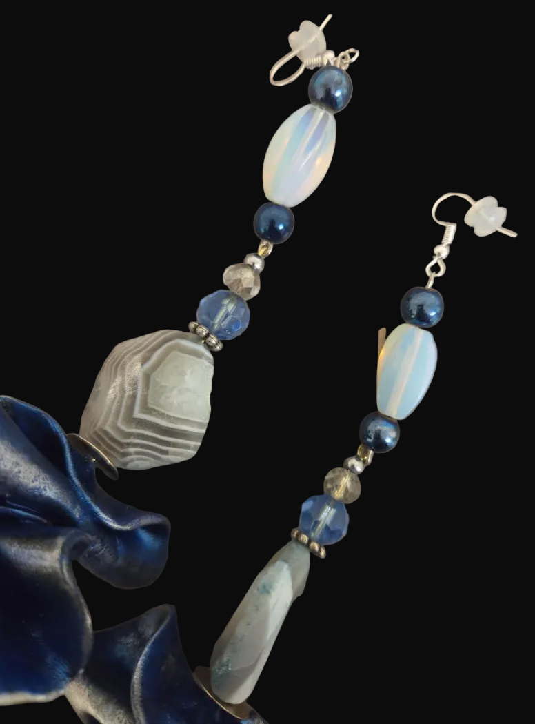 Blue Silver & White Sculpted and Beaded Shoulder Duster Earrings