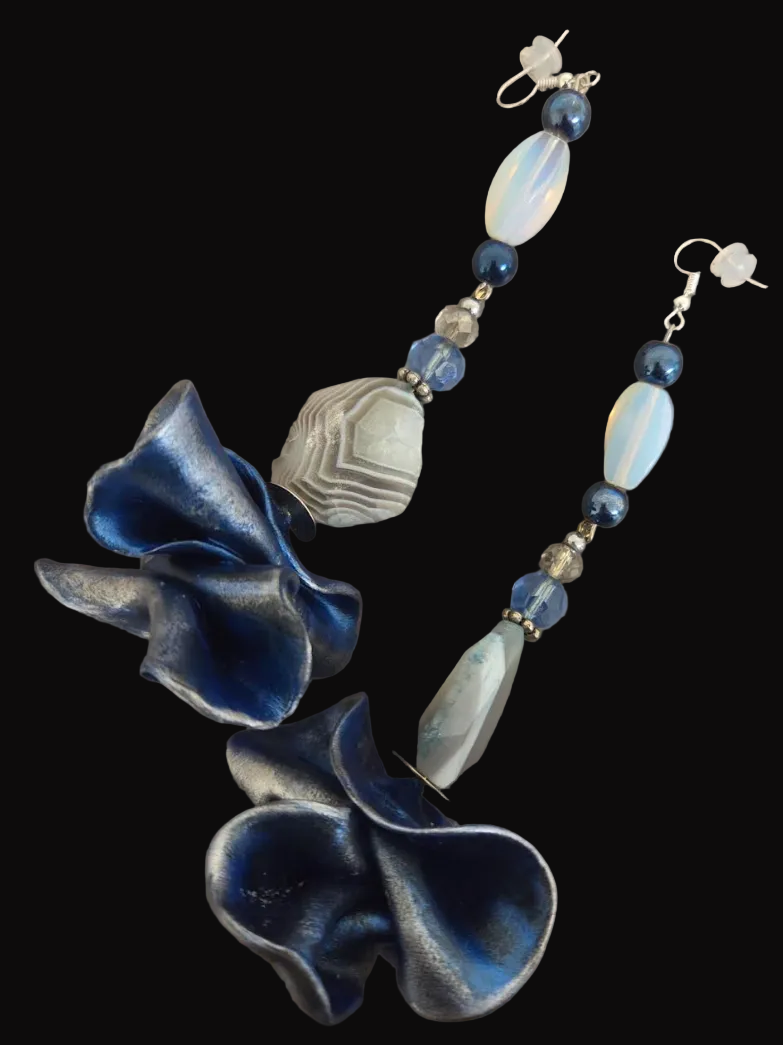 Blue Silver & White Sculpted and Beaded Shoulder Duster Earrings
