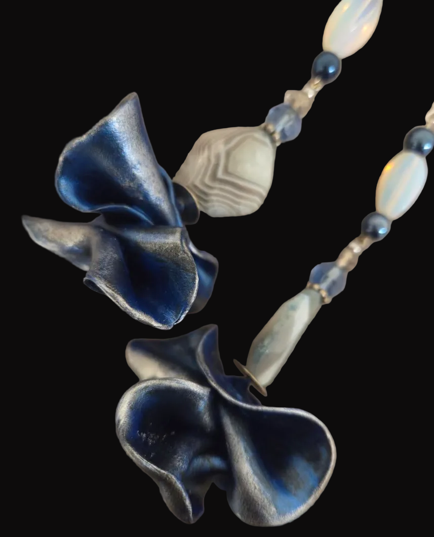 Blue Silver & White Sculpted and Beaded Shoulder Duster Earrings