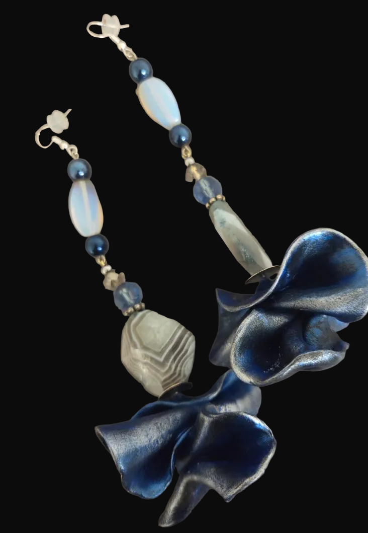 Blue Silver & White Sculpted and Beaded Shoulder Duster Earrings