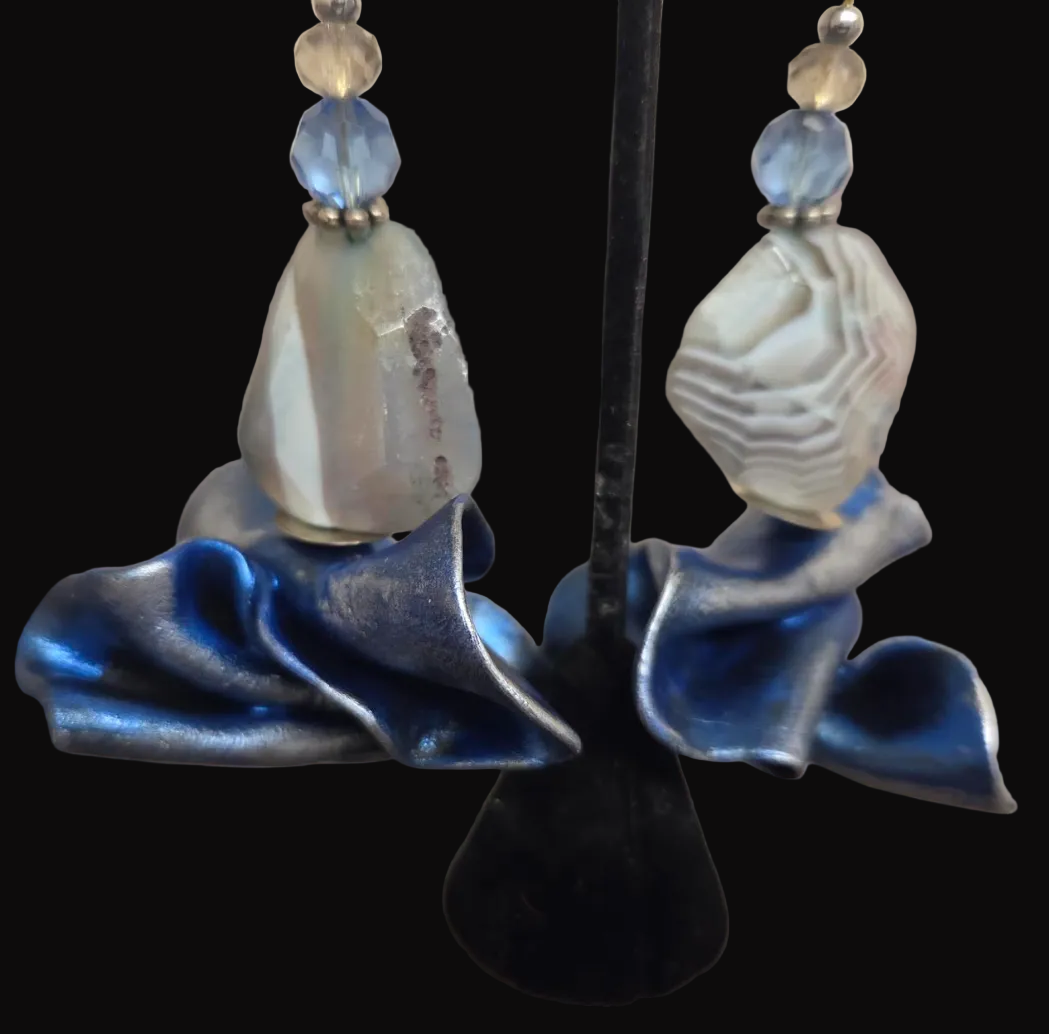 Blue Silver & White Sculpted and Beaded Shoulder Duster Earrings