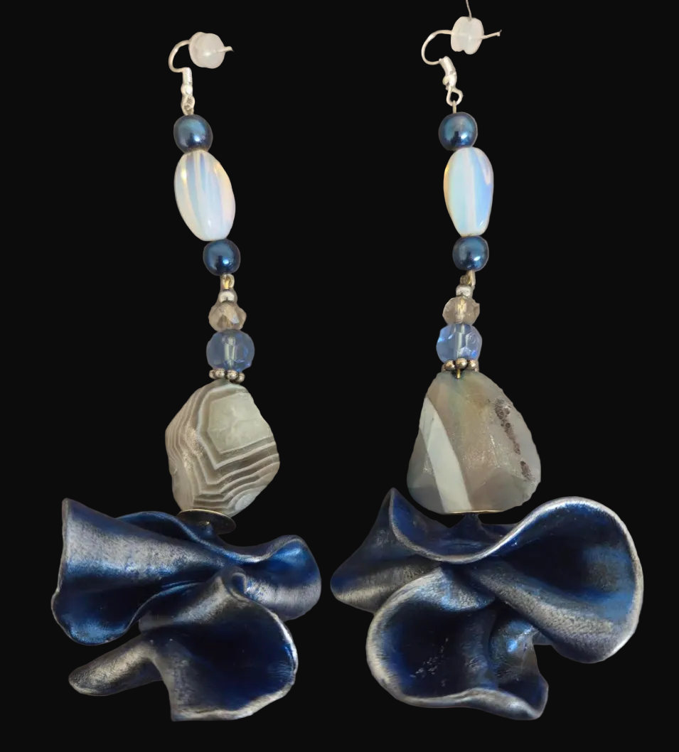 Blue Silver & White Sculpted and Beaded Shoulder Duster Earrings