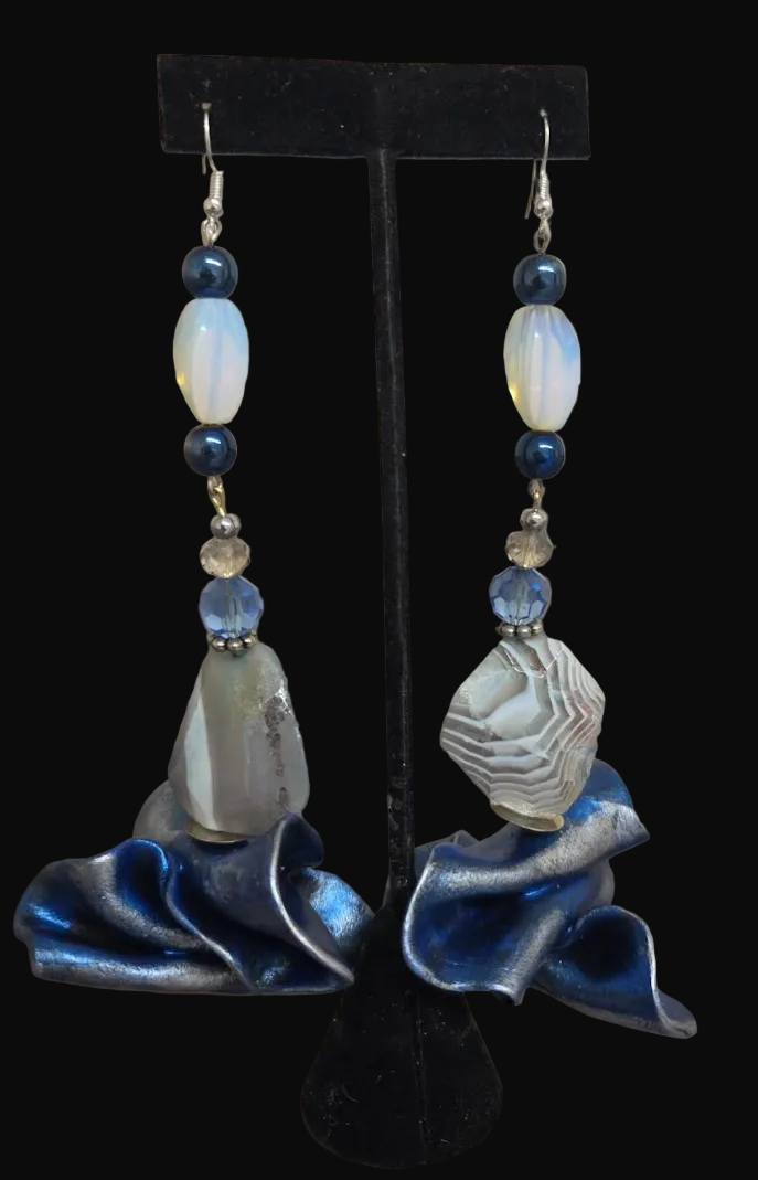 Blue Silver & White Sculpted and Beaded Shoulder Duster Earrings