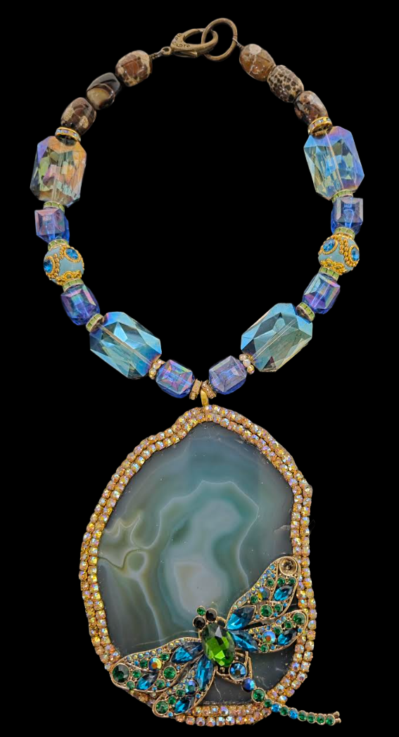 Massive Green Agate & Rhinestone Dragonfly Chest Piece - OOAK