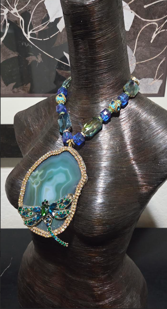 Massive Green Agate & Rhinestone Dragonfly Chest Piece - OOAK