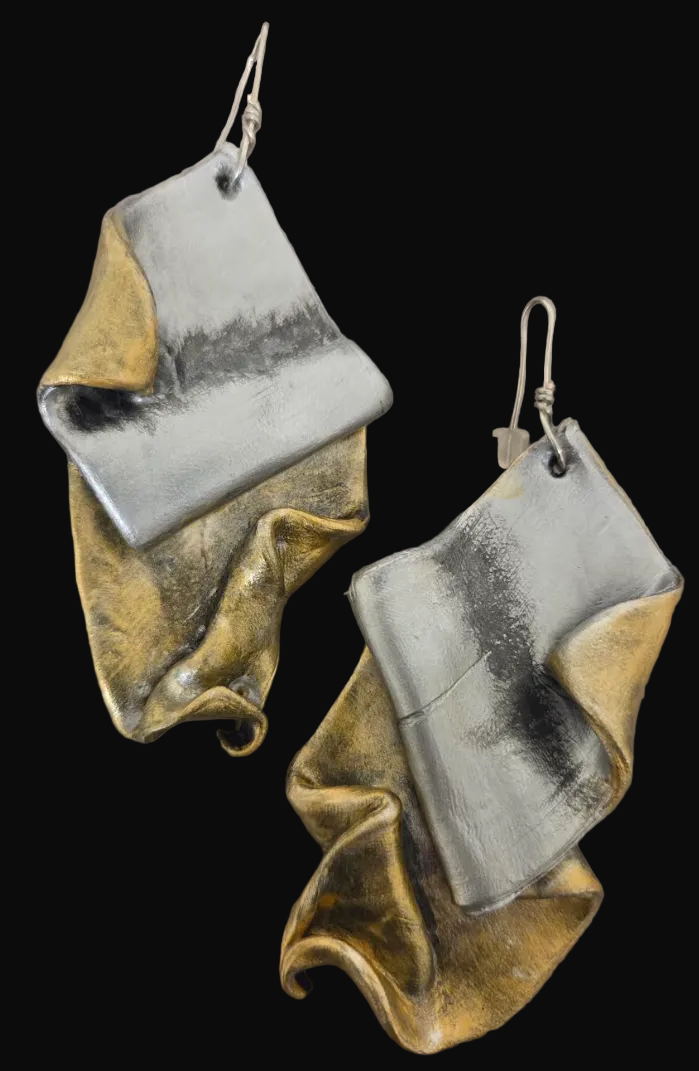 Silver & Gold Tone Hand Sculpted Abstract Organic Pierced Earrings