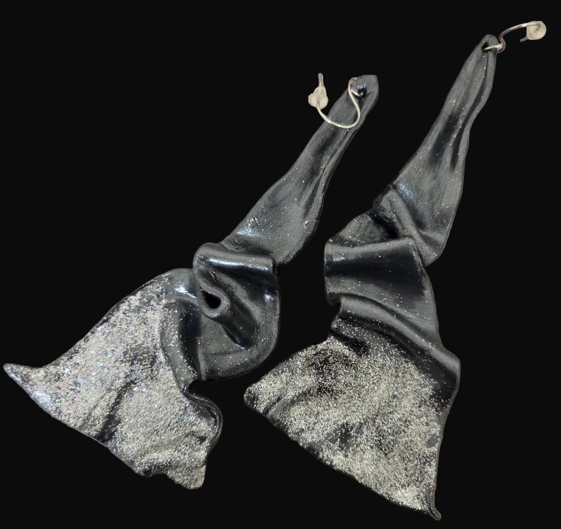 Sensuous Sculpted Architectural Shoulder Duster Earrings - Black Pearl