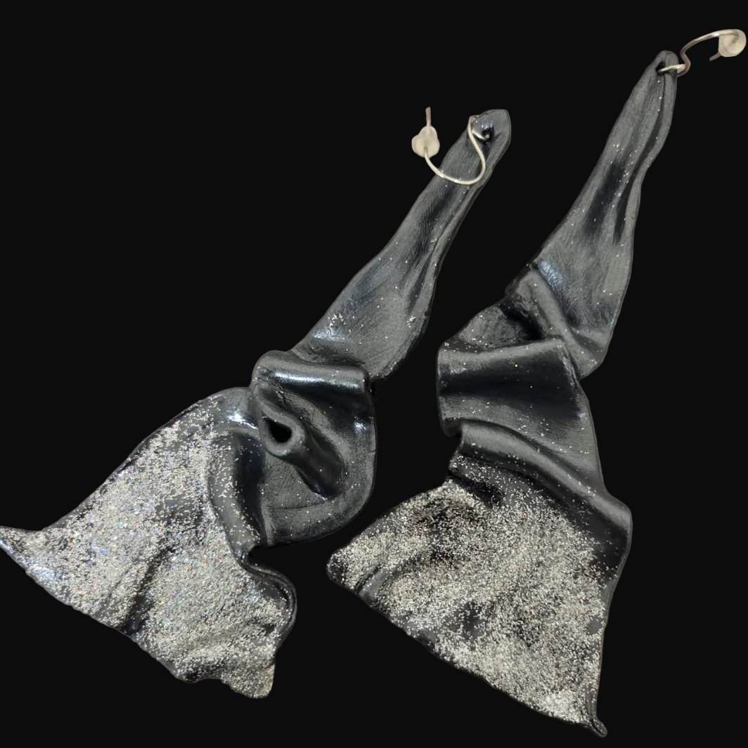 Sensuous Sculpted Architectural Shoulder Duster Earrings - Black Pearl