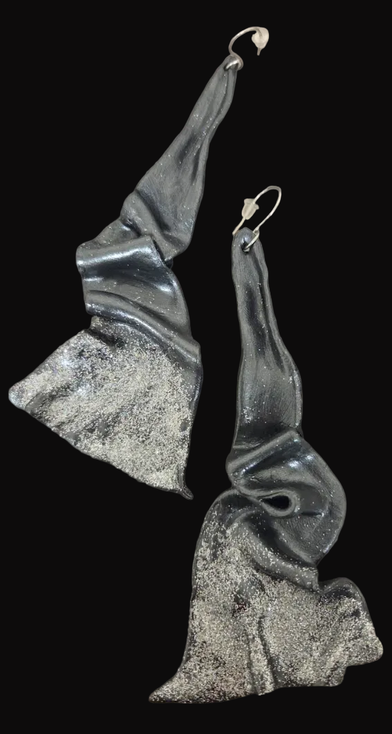 Sensuous Sculpted Architectural Shoulder Duster Earrings - Black Pearl