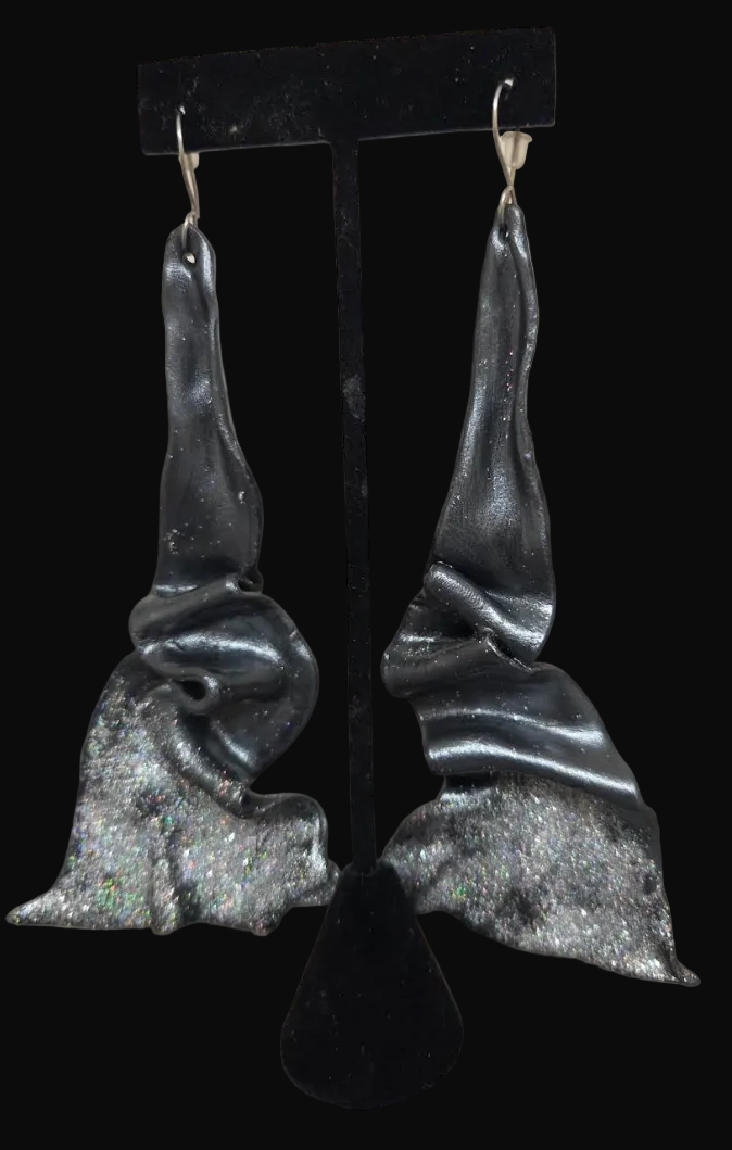 Sensuous Sculpted Architectural Shoulder Duster Earrings - Black Pearl