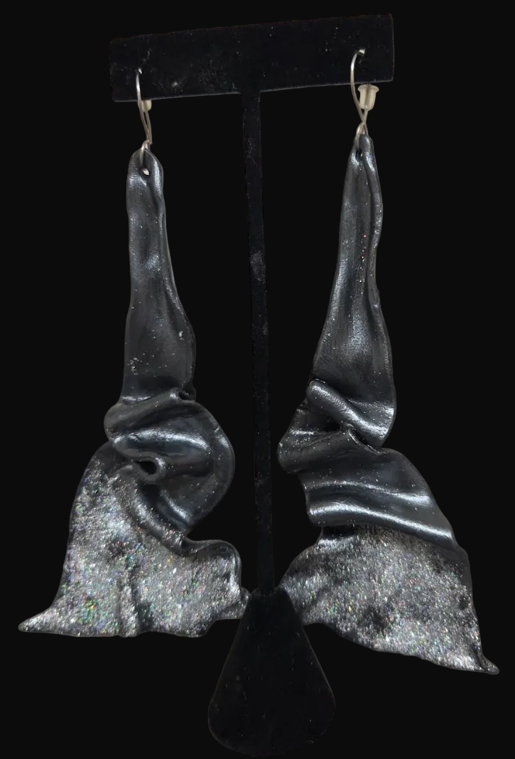 Sensuous Sculpted Architectural Shoulder Duster Earrings - Black Pearl
